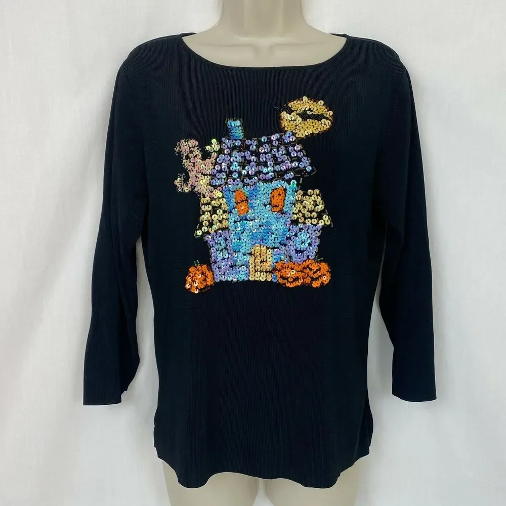 Halloween Sweater Womens Large Sweaterworks Sequin Haunted House Black Knit Top - Picture 9 of 10